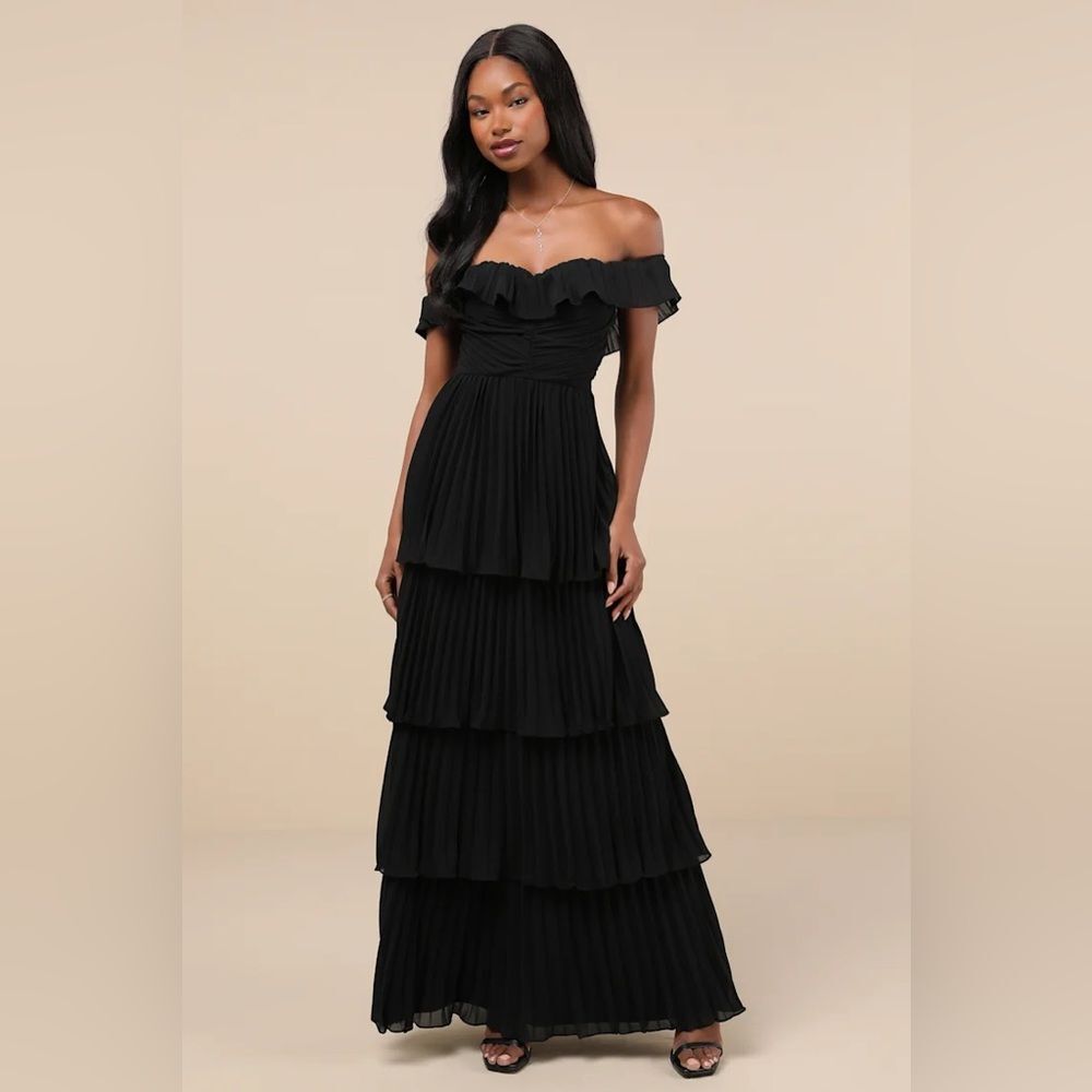 Lulus Always Remarkable Black Pleated Off-the-Shoulder Maxi Dress
